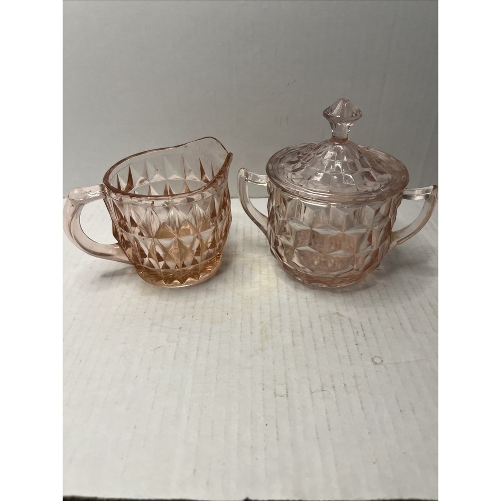 Vintage Jeannette Glass Windsor Pink Diamond Creamer & Sugar Bowl - Depression